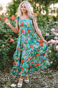 Green Floral Print Sleeveless Ruffle Tiered Maxi Dress | Dresses/Floral Dresses