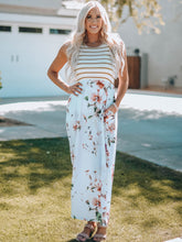 Load image into Gallery viewer, White Striped Floral Print Sleeveless Maxi Dress with Pocket
