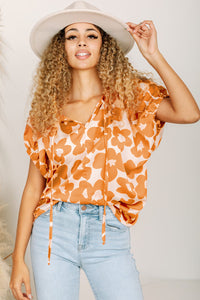 Orange Satin Floral Puff Sleeve Tied Split Neck Top | Tops/Tops & Tees