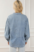 Load image into Gallery viewer, Sky Blue Split V-Neck Balloon Sleeve Ruched Denim Top | Tops/Blouses &amp; Shirts
