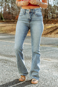 Sky Blue Subtle Ripped Detail Flare Bottom Jeans | Bottoms/Jeans