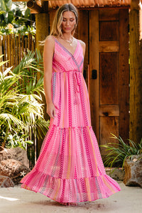 Pink Western Printed Tassel Tie V Neck Wrap Maxi Dress | Dresses/Maxi Dresses