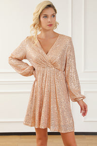 Sequin Dress | Apricot Wrapped V-neck Dress