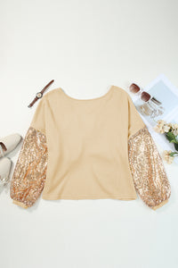 Waffle Knit Top | Apricot Sequin Patchwork Sleeve Open Back