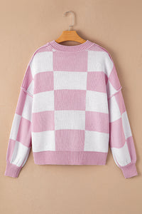 Checkered Sweater | Pink Bishop Sleeve Sweater