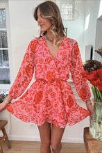 Load image into Gallery viewer, Fiery Red Floral Ruffle Layered Puff Sleeve Surplice Dress | Dresses/Floral Dresses
