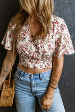 Load image into Gallery viewer, Pink Floral Print V Neck Wrapped Cropped Blouse | Tops/Blouses &amp; Shirts
