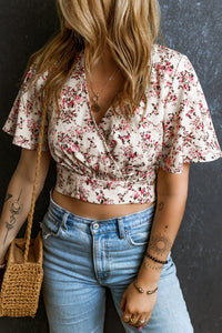 Pink Floral Print V Neck Wrapped Cropped Blouse | Tops/Blouses & Shirts