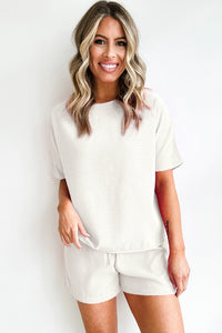 Drawstring Shorts Set | White Casual Textured Tee and Shorts