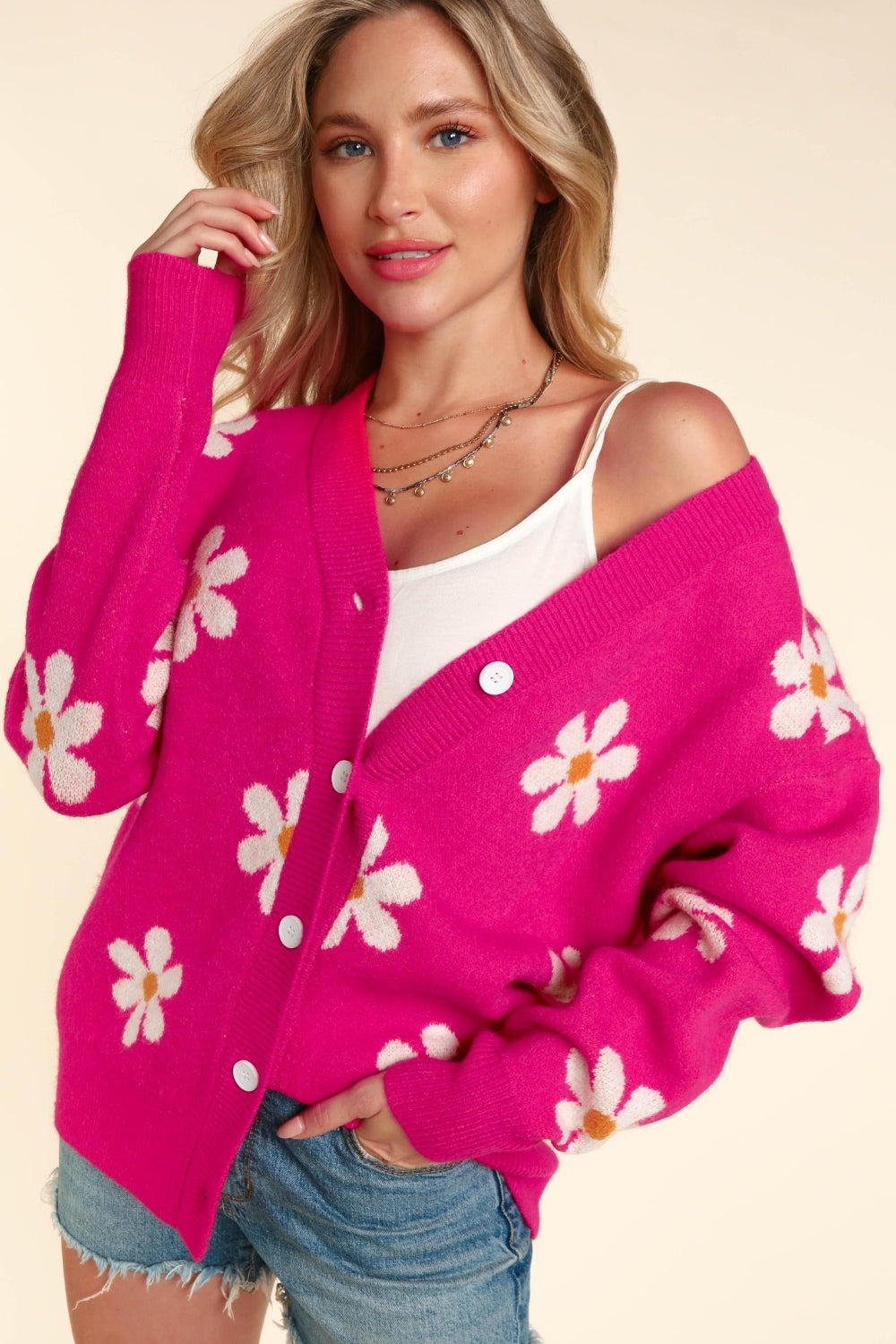 Daisy Floral Sweater | Pink Button Down Long Sleeve Cardigan