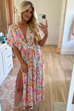 Load image into Gallery viewer, Multicolor Tropical Floral Print Ruched V Neck Maxi Dress | Dresses/Floral Dresses
