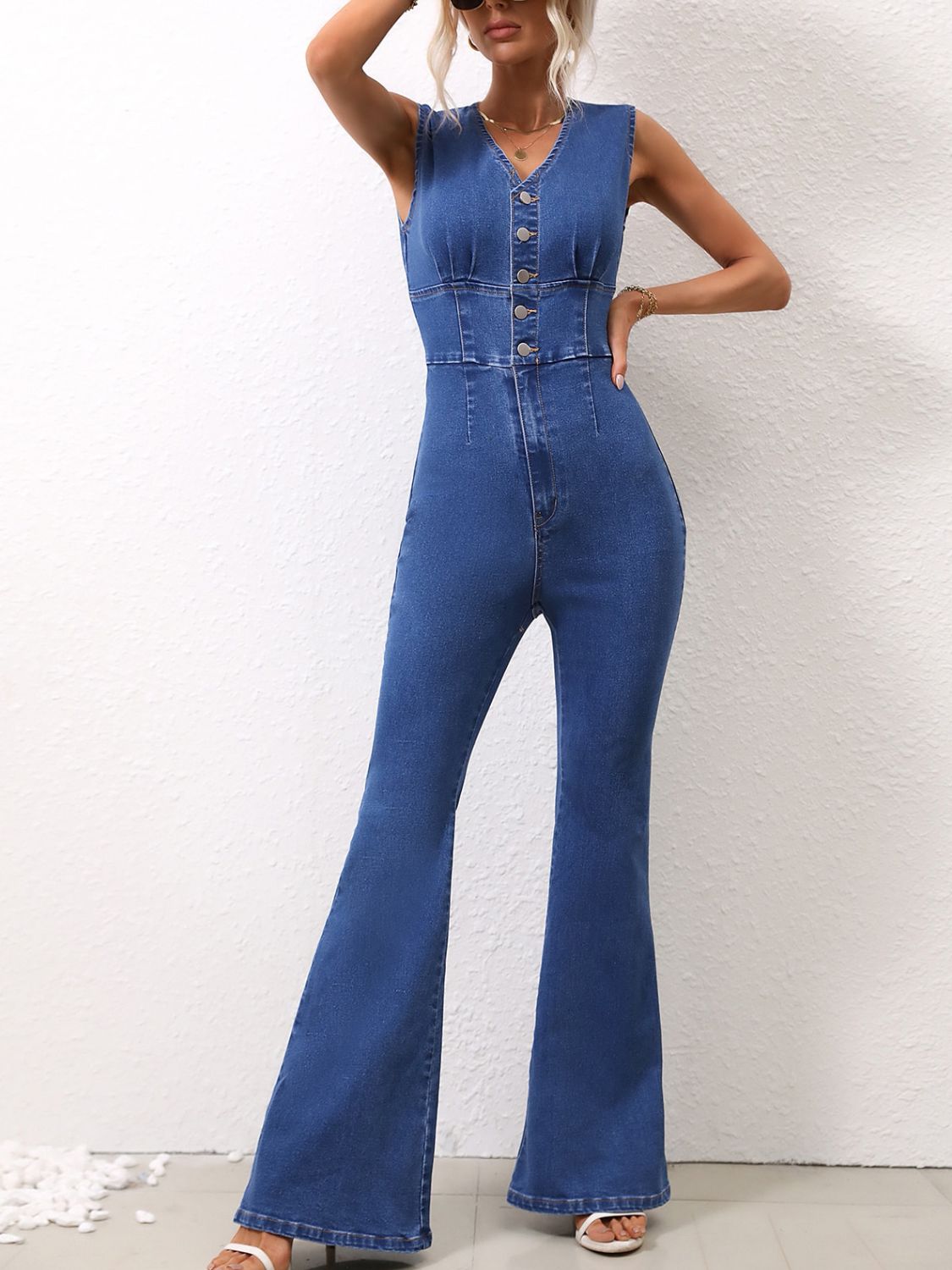 Denim Jumpsuit | V-Neck Sleeveless Jumpsuit