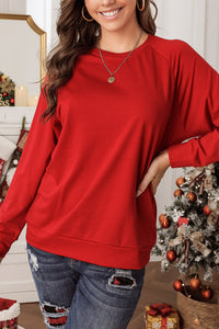 Fiery Red Solid Round Neck Raglan Sleeve Sweatshirt | Tops/Sweatshirts & Hoodies