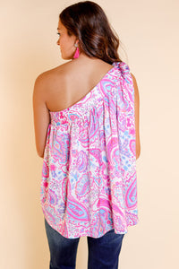 One Shoulder Tank Top | Multi-Color Knotted One Shoulder Paisley Print