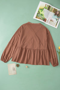 Brown Retro Patchwork Puff Sleeve Babydoll Top | Tops/Long Sleeve Tops