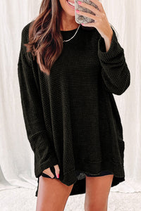 Oversized Top | Black Waffle Knit High Slits