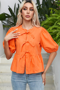 Grapefruit Orange Knotted Puff Short Sleeve Peplum Blouse | Tops/Blouses & Shirts