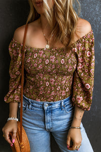 Off Shoulder Blouse | Green Floral Print Shirred 3/4 Sleeve