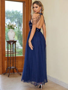 Blue Formal Gown | Backless Halter Neck Sleeveless Dress