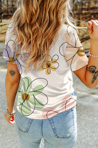 Beige Summer Flower Print Casual Round Neck T Shirt | Tops/Tops & Tees