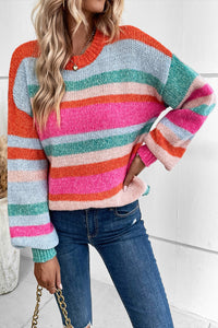 Multicolor Striped Knit Drop Shoulder Puff Sleeve Sweater | Tops/Sweaters & Cardigans