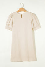 Load image into Gallery viewer, Puff Sleeve Mini Dress | Beige Crinkle Lace Trim Shift Dress
