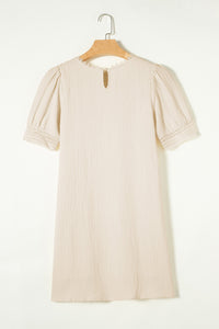 Puff Sleeve Mini Dress | Beige Crinkle Lace Trim Shift Dress