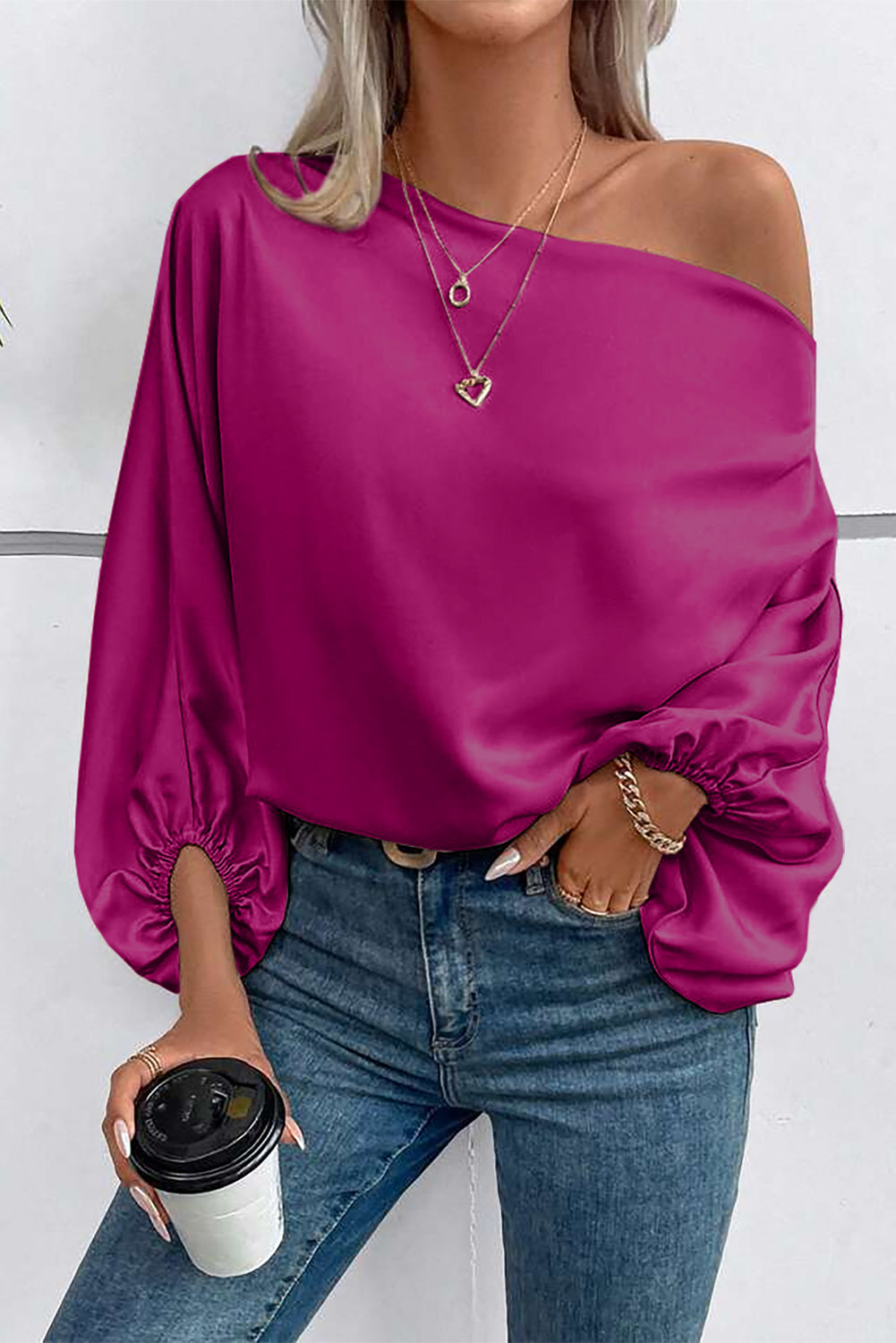 Balloon Sleeve Blouse | Bright Pink Neck Satin Blouse