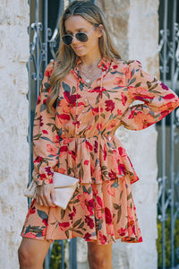 Fiery Red Frilled Collar Long Sleeve Floral Dress with Ruffle | Dresses/Floral Dresses