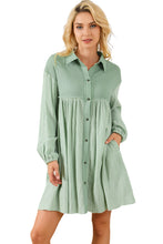 Load image into Gallery viewer, Puff Sleeve Dress | Green Patchwork Crinkle Shirt Dress
