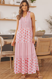 Pink Abstract Print Split Neck Sleeveless Maxi Dress | Dresses/Maxi Dresses