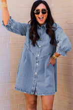 Load image into Gallery viewer, Sky Blue Buttoned Long Sleeve Denim Mini Dress | Dresses/Mini Dresses
