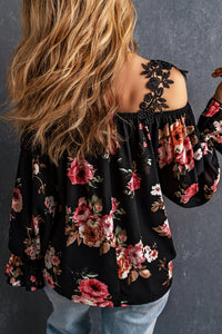 Black Floral Print Lace Patchwork Loose Cold Shoulder Blouse | Tops/Blouses & Shirts