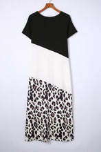 Load image into Gallery viewer, T Shirt Maxi Dress | Black Leopard Color Block Side Slit Dress
