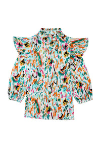 Multicolor Abstract Print 3/4 Puff Sleeve Ruffle Blouse | Tops/Blouses & Shirts