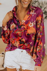 Purple Graffiti Printed V Neck Puff Sleeve Blouse | Tops/Blouses & Shirts