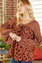 Load image into Gallery viewer, Brown Contrast Leopard Print Bubble Sleeve Blouse | Tops/Blouses &amp; Shirts
