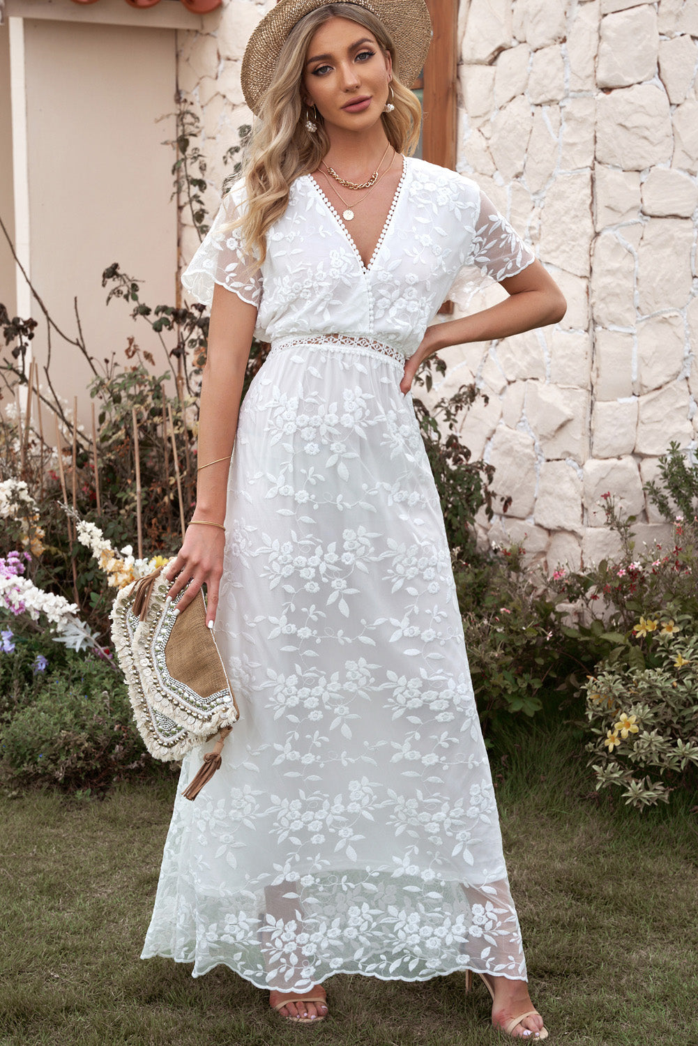 Maxi Dress | White Embroidered Short Sleeve Dress