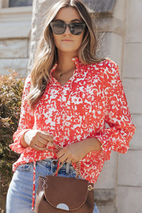 V-Neck Blouse | Fiery Red Floral Ruffled Notched