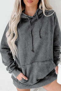 Gray Mineral Wash Kangaroo Pocket Drawstring Pullover Hoodie | Tops/Sweatshirts & Hoodies