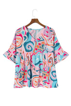 Load image into Gallery viewer, Sky Blue Abstract Print Ruffle V Neck Blouse | Tops/Blouses &amp; Shirts
