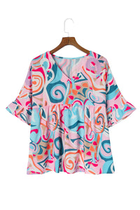 Sky Blue Abstract Print Ruffle V Neck Blouse | Tops/Blouses & Shirts