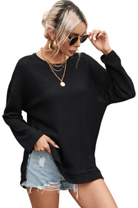 Oversized Top | Black Waffle Knit High Slits