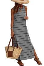 Load image into Gallery viewer, Gray Stripe Print Open Back Sleeveless Maxi Dress with Slits
