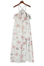 Load image into Gallery viewer, White Floral Slit Ruffled Halterneck Maxi Dress
