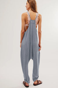 Gray Jumpsuit | Gray Waffle Knit Spaghetti Straps Loose Fit