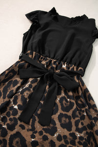 Leopard Print Dress | Black Flutter Sleeve Bodice Splicing