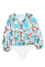 Load image into Gallery viewer, Sky Blue Floral Print Wrap Long Sleeve Bodysuit | Tops/Bodysuits
