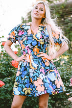 Load image into Gallery viewer, Blue Collared Split Neck Floral Flared Dress | Dresses/Floral Dresses
