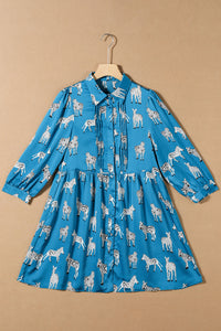 Blue Printed Zebra Pattern Pleated Shirt Tunic Dress | Dresses/Mini Dresses